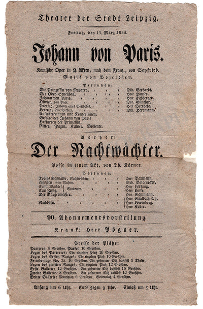 Leipzig Opera - Playbill Johann von Paris 1835