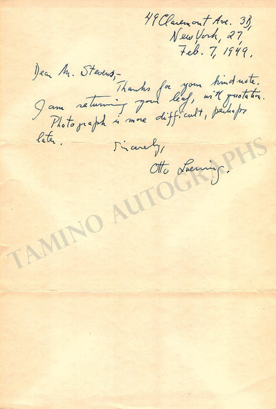 Luening, Otto - Autograph Note Signed 1949