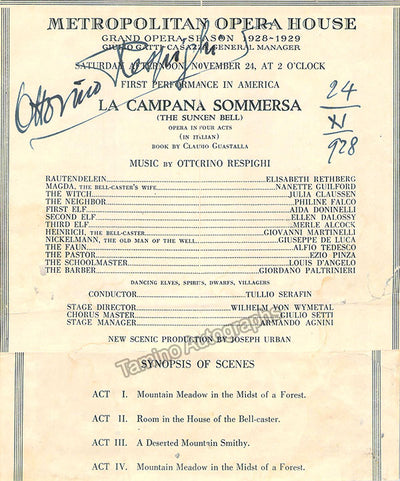 Respighi, Ottorino - Signed Program Clip La Campana Sommersa Met 1928