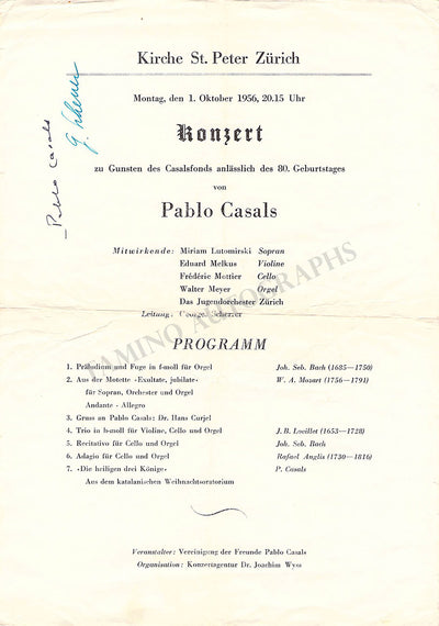 Casals, Pablo - Signed Program Zurich 1956