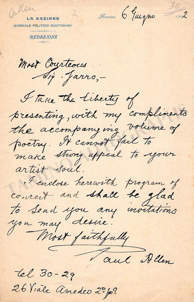 Hastings Allen, Paul - Autograph Note Signed 1912