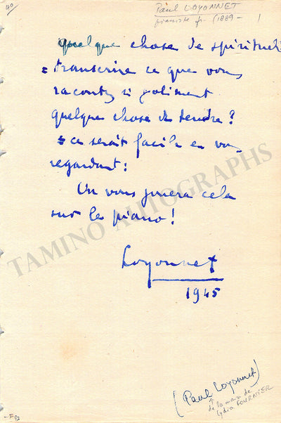 Loyonnet, Paul - Autograph Note Signed 1945