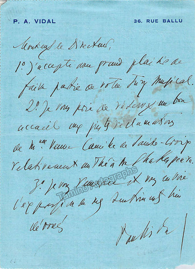 Vidal, Paul - Autograph Note Signed