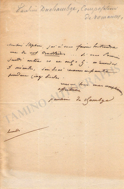 Duchambge, Pauline - Set of 2 Autograph Notes Signed