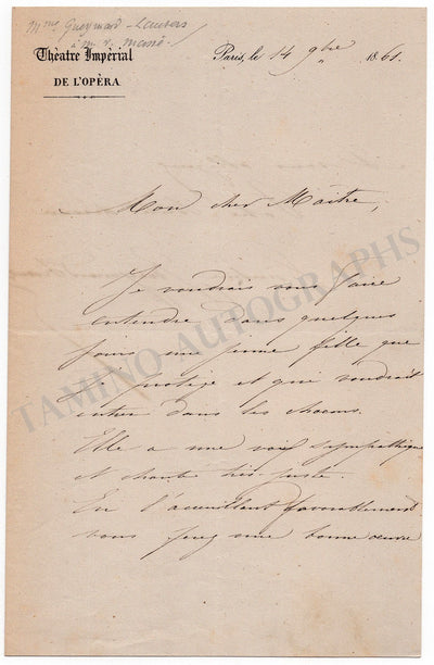 Gueymard-Lauters, Pauline - Autograph Letter Signed 1861