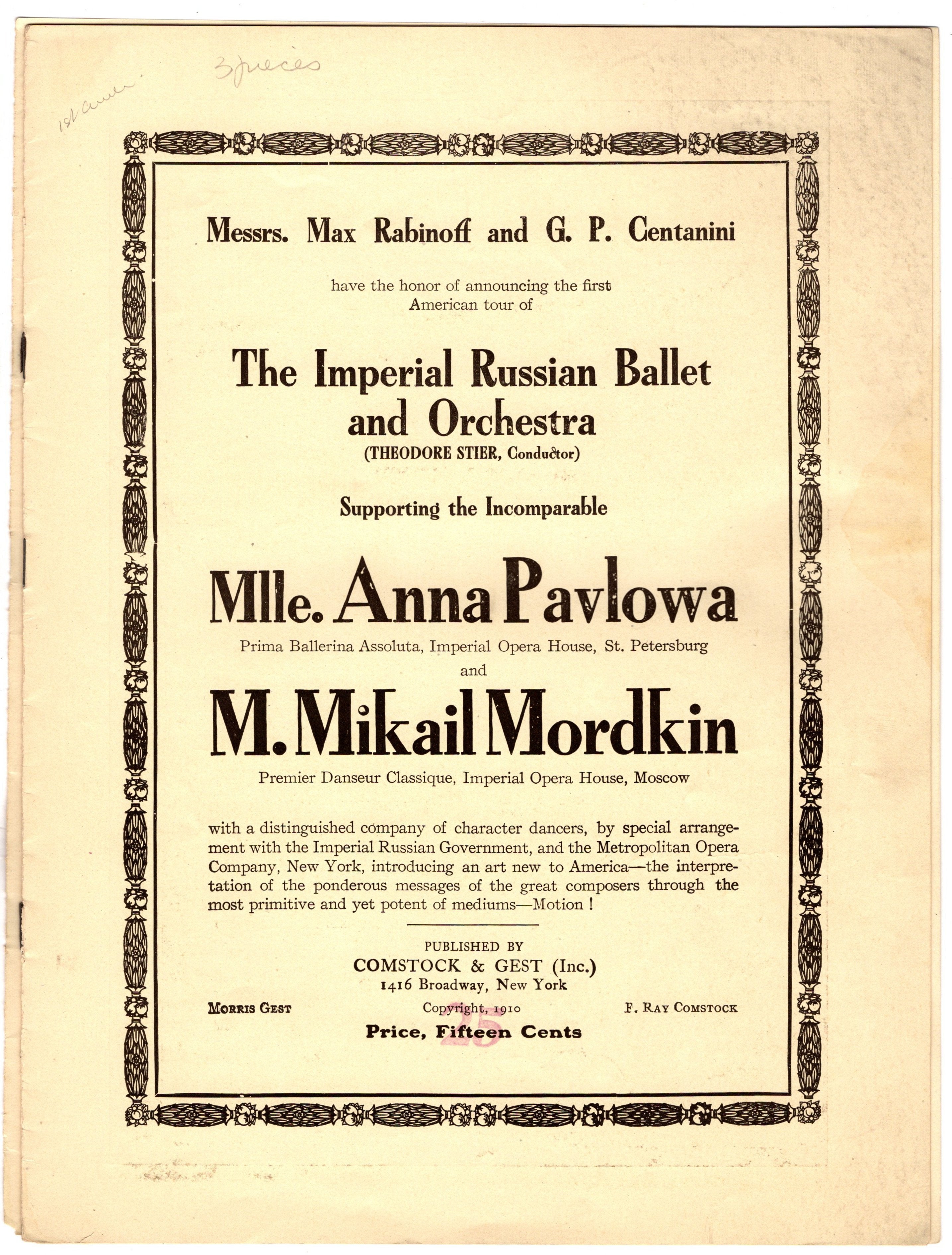 Anna Pavlova Performance Booklet 1910 – Tamino