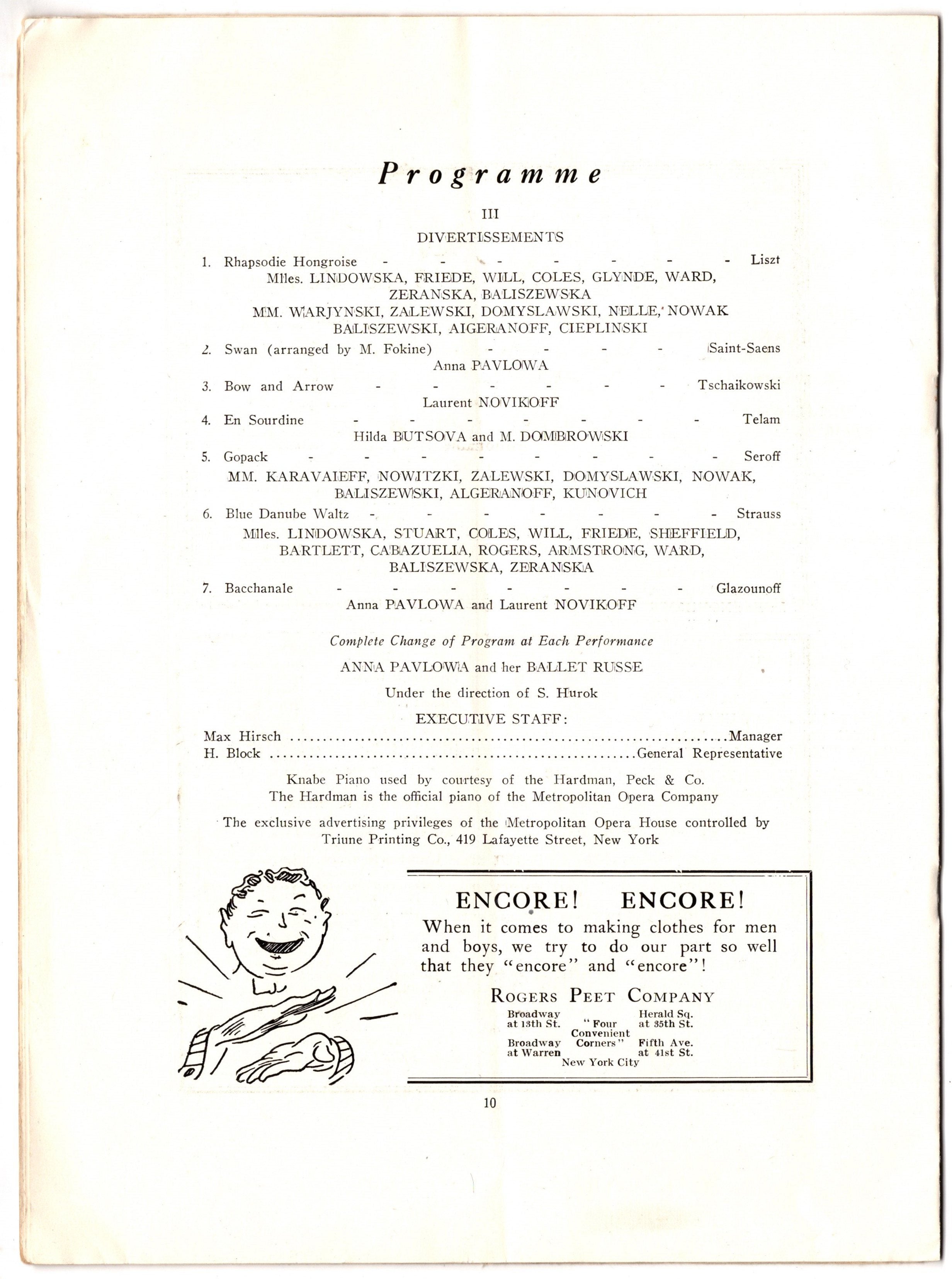 Performance Event Program List Anna Pavlova Performance Program Met Opera 1920s