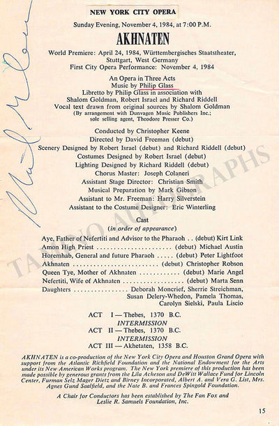 Glass, Philip - Signed Program Page New York 1984