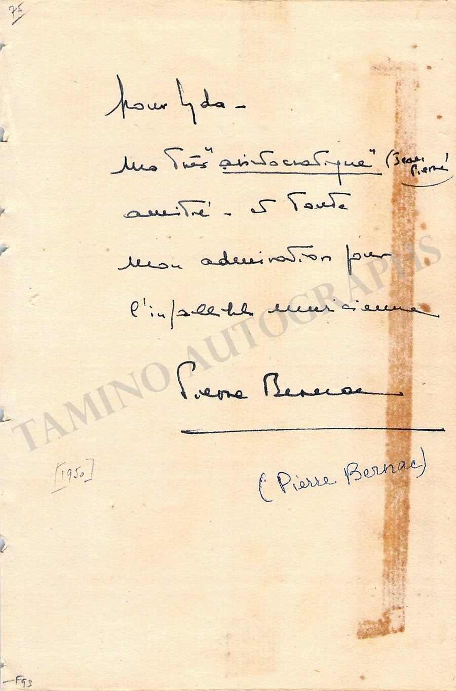 Pierre Bernac Autograph Note Signed Tamino