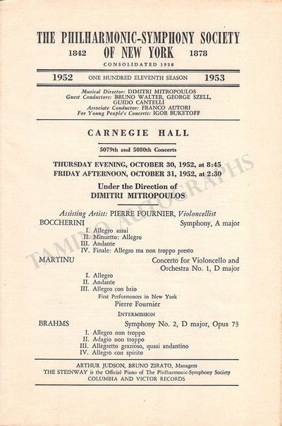 Fournier, Pierre - Concert Program New York 1952