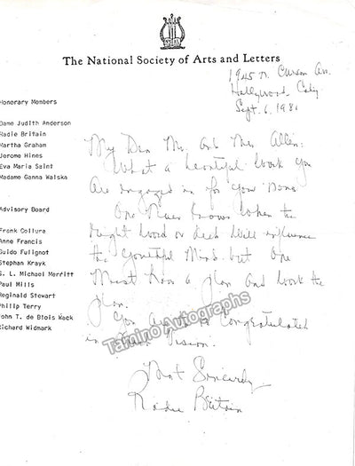 Britain, Radie - Autograph Note Signed 1981