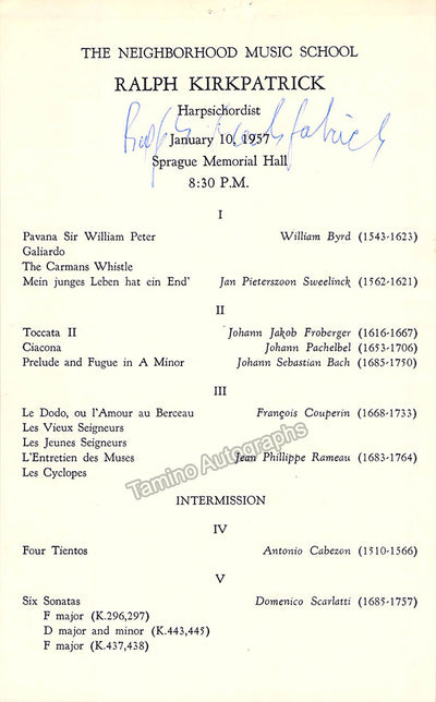 Kirkpatrick, Ralph - Signed Program New Haven 1957