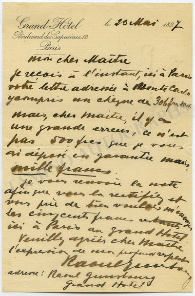 Gunsbourg, Raoul - Autograph Letter Signed 1897