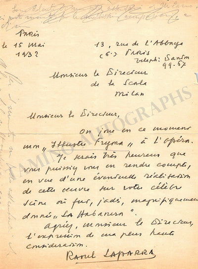 Laparra, Raoul - Autograph Letter Signed 1913