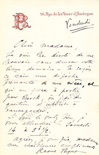 Pugno, Raoul - Autograph Letter Signed