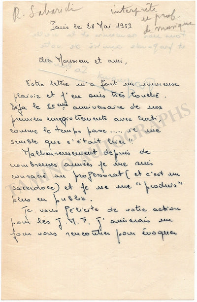 Sabarich, Raymond - Autograph Letter Signed 1959