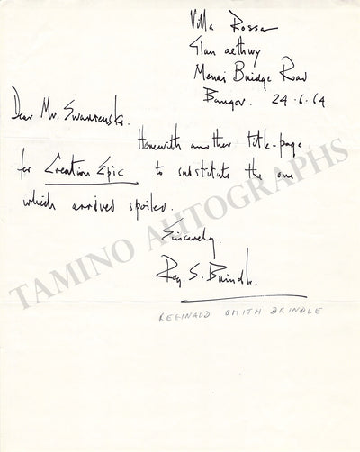 Smith Brindle, Reginald - Autograph Note Signed 1964