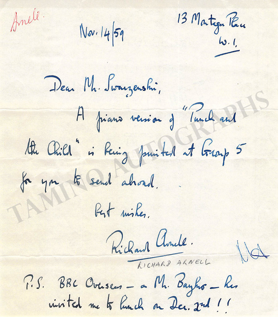 Richard Arnell Autograph Note Signed 1959 – Tamino