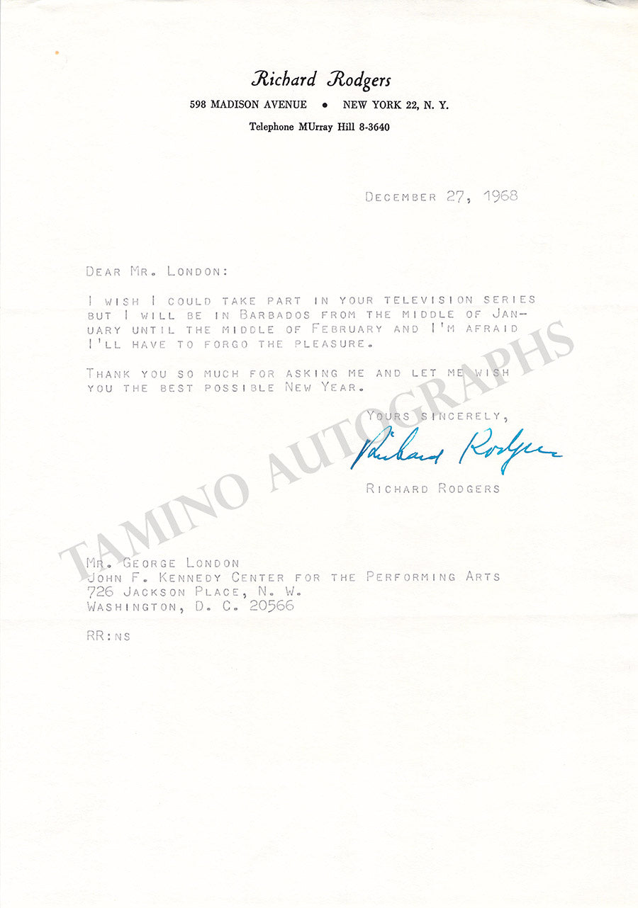 Richard Rodgers Autograph Typed Letter Signed 1968