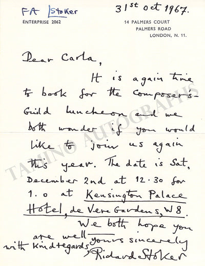 Stoker, Richard - Autograph Letter Signed 1967
