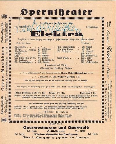 Bahr-Mildenburg, Anna - Signed Program Elektra 1928