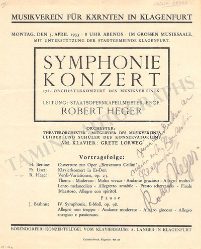 Heger, Robert - Signed Program 1933
