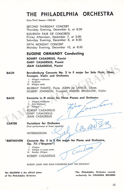 Casadesus, Robert - Casadesus, Gabi - Casadesus, Jean - Signed Program Page 1962