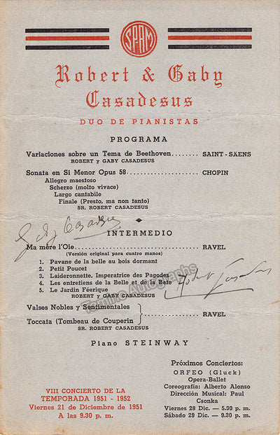 Casadesus, Robert - Casadesus, Gaby - Signed Program Havana 1951