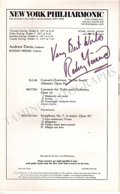 Friend, Rodney - Signed Program New York 1977