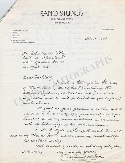 Sapio, Romualdo - Autograph Letter Signed 1943