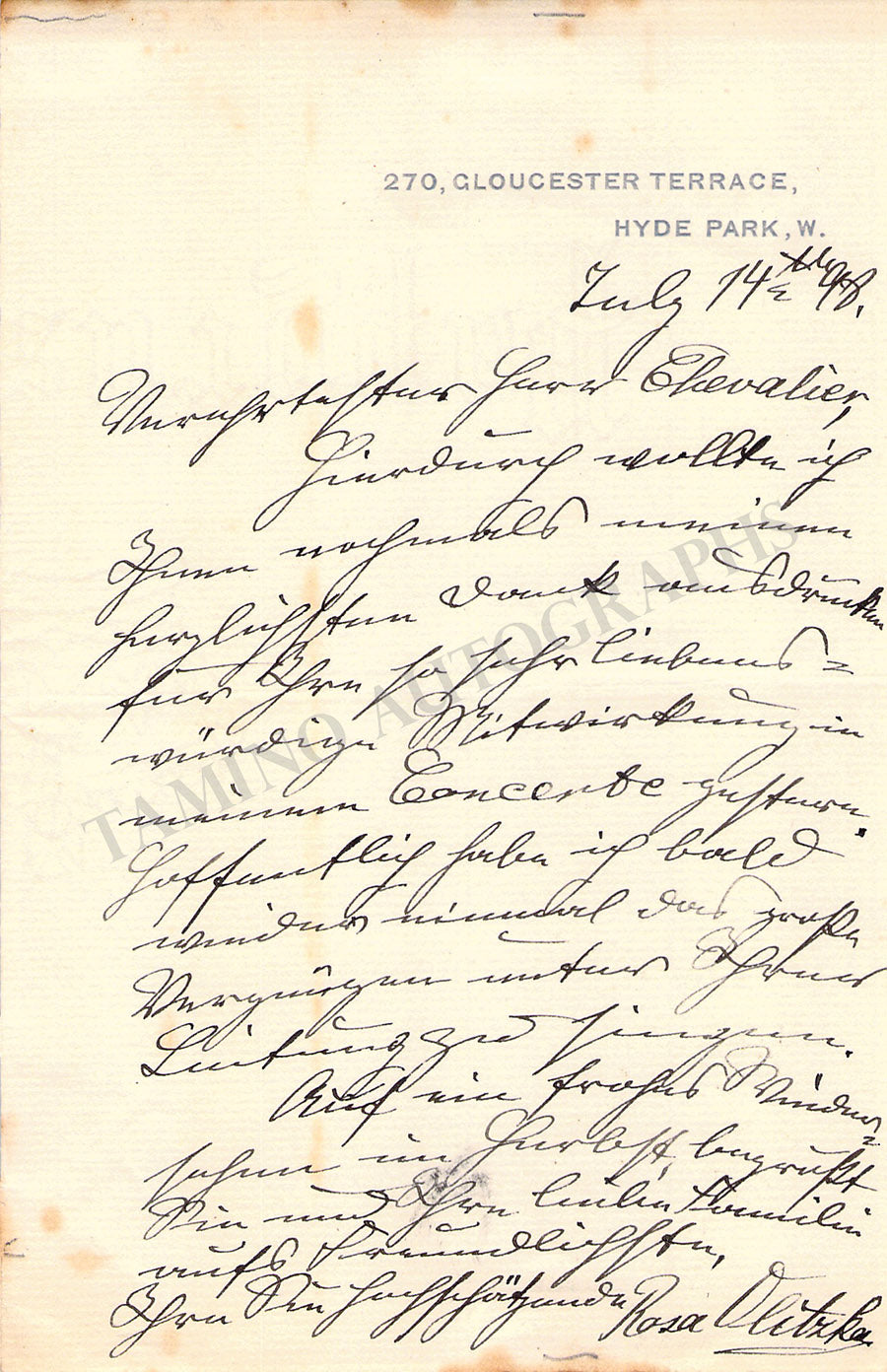 Olitzka, Rosa - Autograph Letter Signed 1898