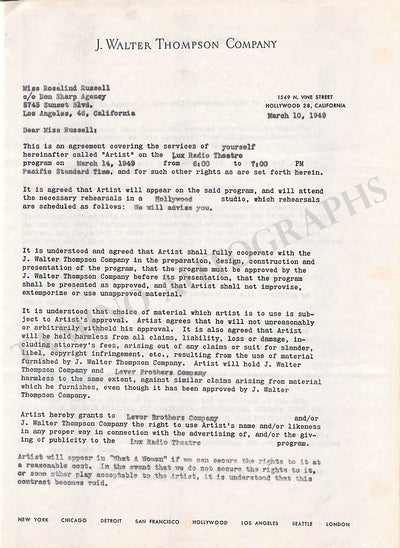Russell, Rosalind - Signed Contract 1949
