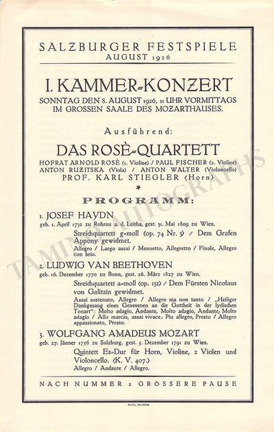 Rose Quartet - Concert Program Vienna 1926