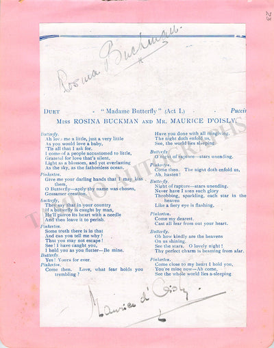 Buckman, Rosina - D'Oisly, Maurice - Double Signed Program Excerpt of Madama Butterfly