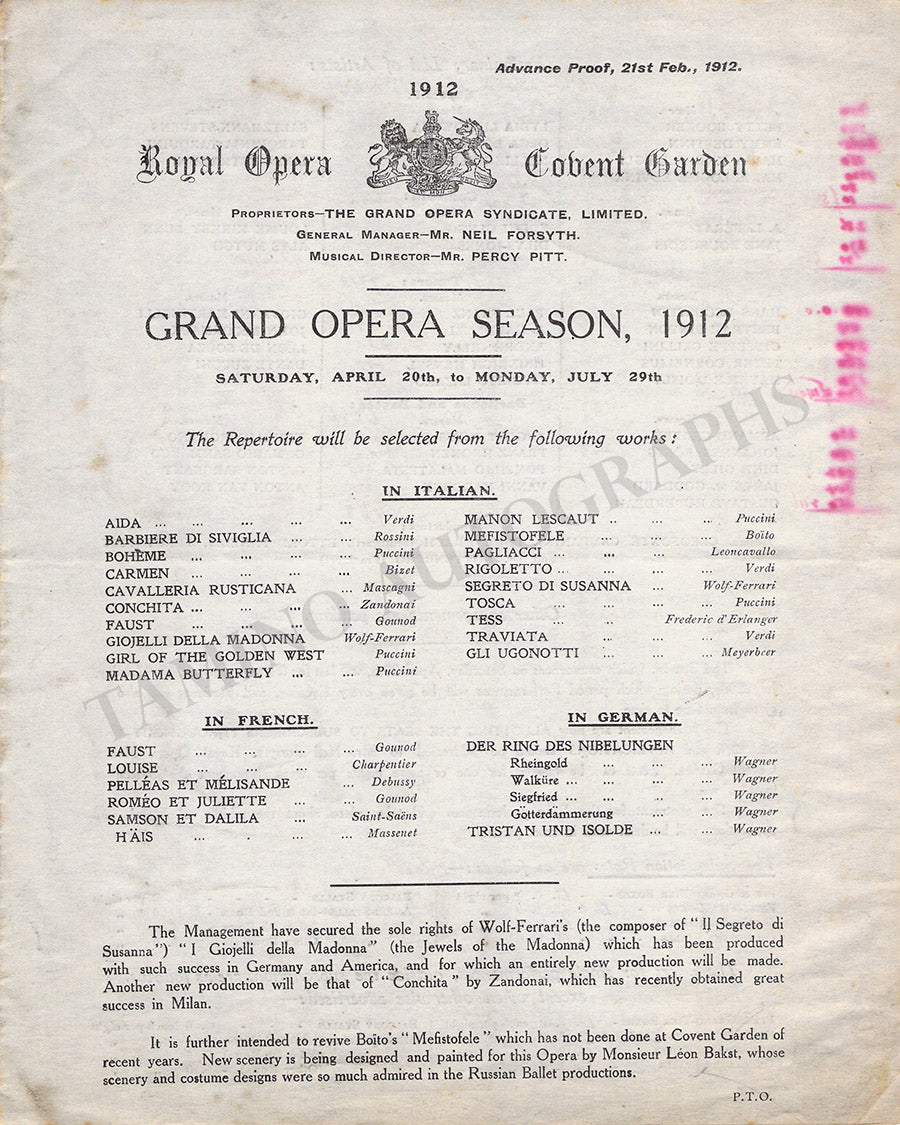 Royal Opera House Covent Garden Season Program 1912 – Tamino