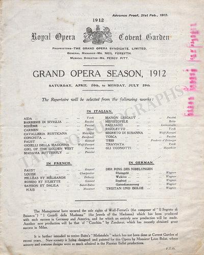 Royal Opera House Covent Garden - Season Program 1912
