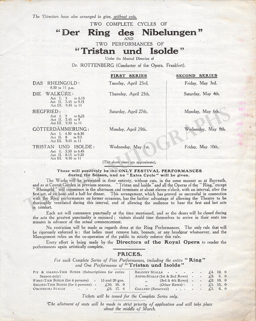 Oreal Opera Program Royal Opera House Covent Garden Season Program 1912