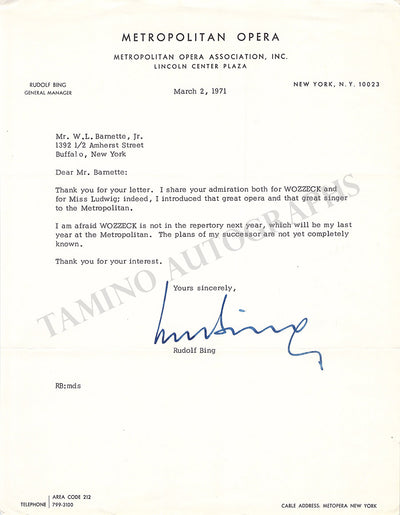 Bing, Rudolf - Set of 2 Typed Letters Signed
