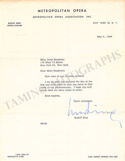 Bing, Rudolf - Typed Letter Signed 1964