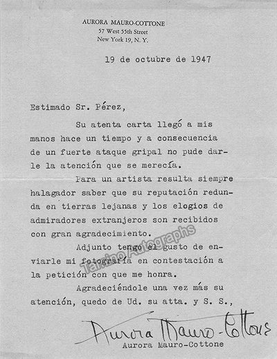 Mauro-Cottone, Aurora - Typed Letter Signed 1947