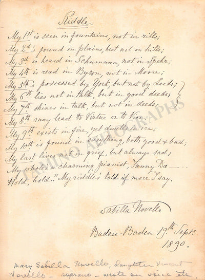 Novello, Sabilla - Novello, Clara - Autograph Riddle & Signature Cut