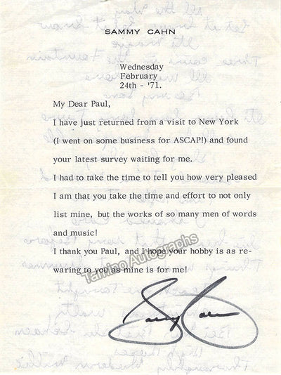 Cahn, Sammy - Typed Note Signed 1971