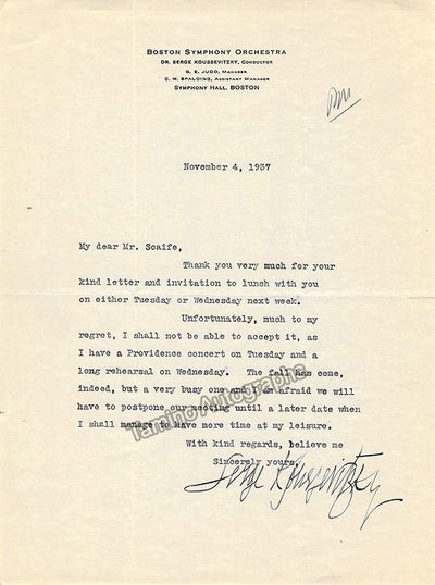Koussevitzky, Serge - Typed Letter Signed