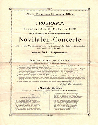 Mahler, Gustav - Humperdinck, Engelbert  & Others - Concert Program Vienna 1899