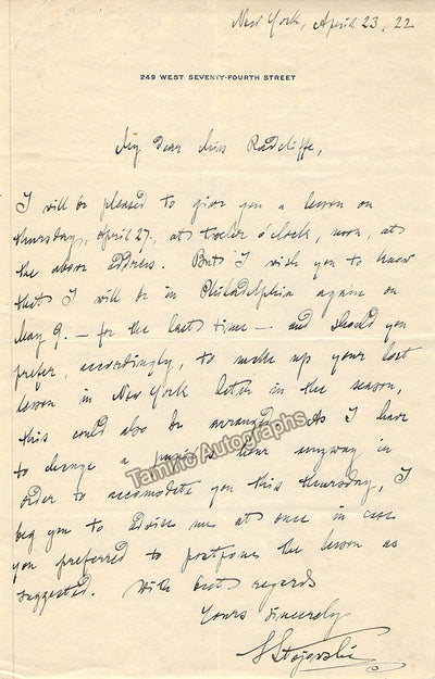 Stojowski, Zygmunt - Autograph Letter Signed 1922