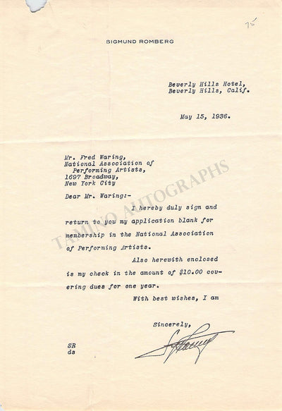 Romberg, Sigmund - Typed Letter Signed 1936