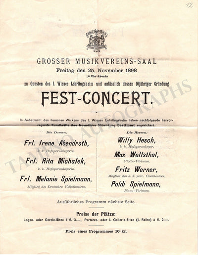 Spielmann, Poldi - Wolfsthal, Max & Others - Concert Program Vienna 1898