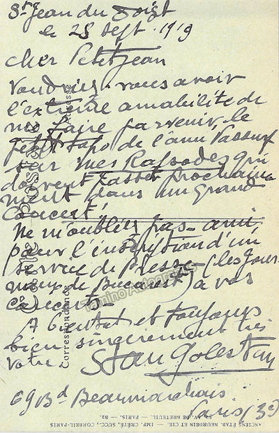 Golestan, Stan - Autograph Note Signed 1919