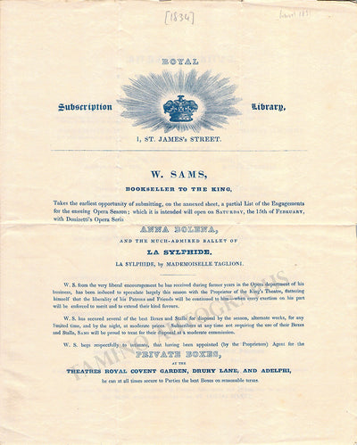 Taglione, Marie - Pasta, Giuditta - Performance Playbill 1834