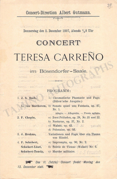 Carreño, Teresa - Concert Program Vienna 1897